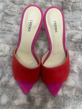 L'AGENCE Pink and Red Pointed Toe Slide Mules